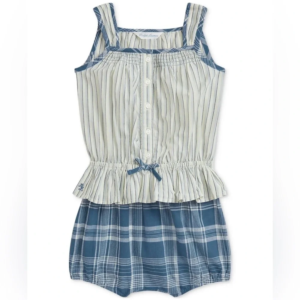 Ralph Lauren Baby Girls Matching Set Striped Cotton Top & Plaid Bloomers